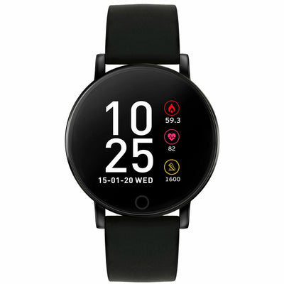 Black circular smartwatch with a digital display showing time and fitness metrics.