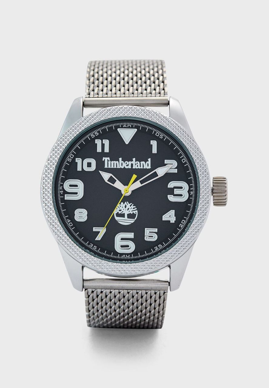 Timberland wristwatch with a black dial and silver mesh band.