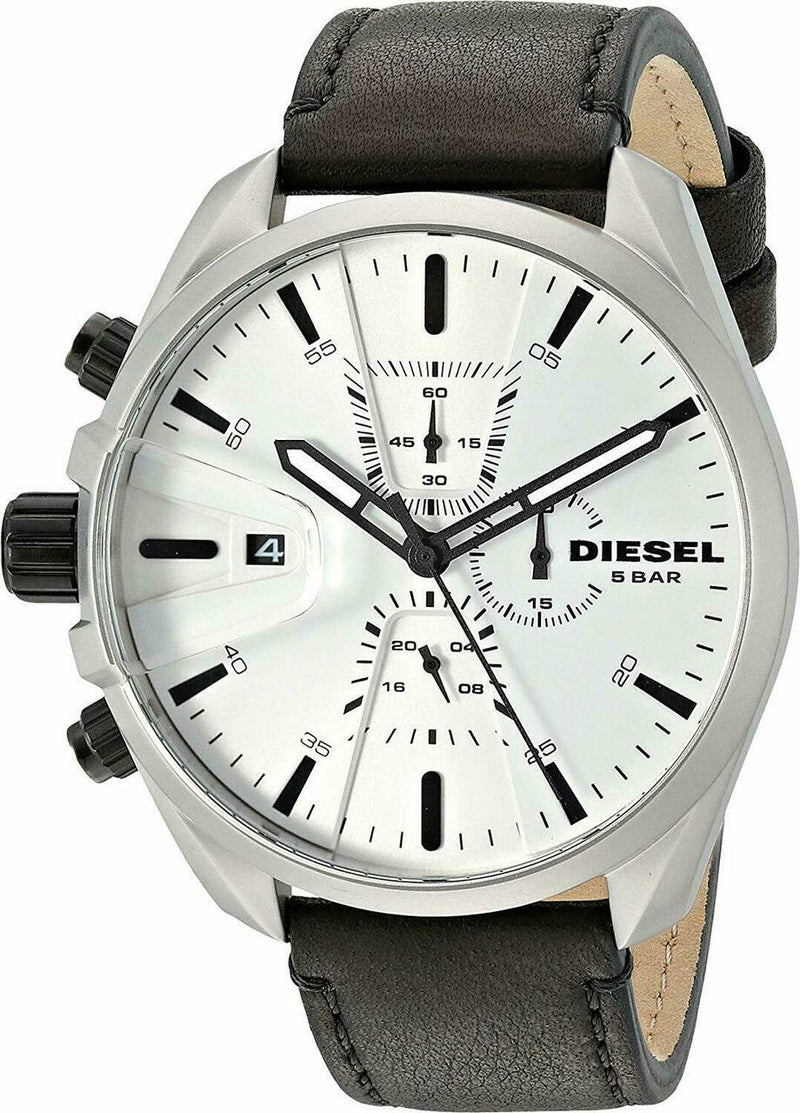 Diesel Ms9 Silver Dial Black Leather Strap Mens Watch