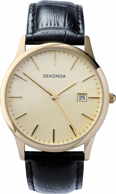 Sekonda Black Leather Band Champagne Dial Mens Watch