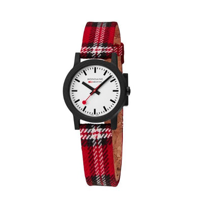 Wristwatch with a black case, white dial, and red plaid fabric strap.