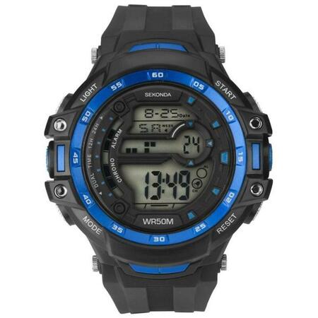 Digital sports watch with a black and blue color scheme featuring multiple display functions.