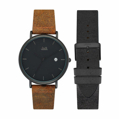 Minimalist wristwatch with a brown leather strap and an additional black strap.