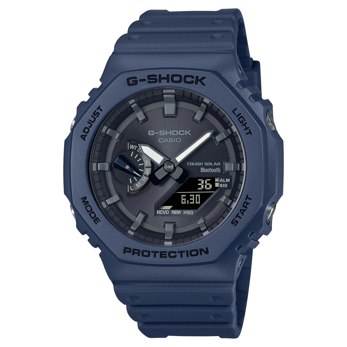 Navy blue G-Shock digital wristwatch with a rugged design and multiple display features.