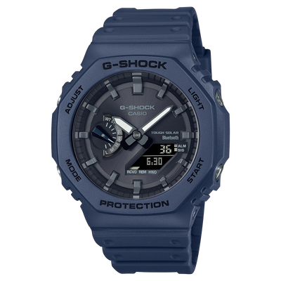 Navy blue G-Shock digital wristwatch with a rugged design and multiple display features.