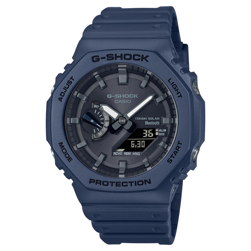 Navy blue G-Shock digital wristwatch with a rugged design and multiple display features.