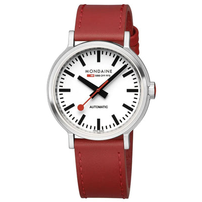 Wristwatch with a white face, black markings, and a red leather strap.