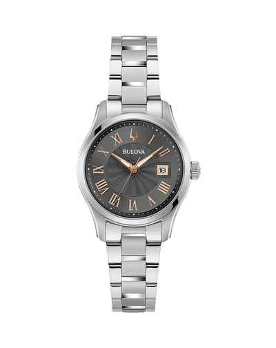 Bulova Elegant Silver Tone Women's Timepiece with Grey Dial and Mineral Crystal 96M164