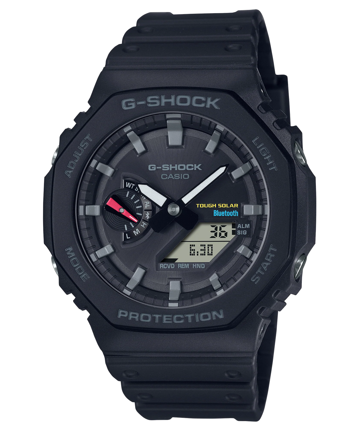 Black G-Shock wristwatch with analog and digital displays.