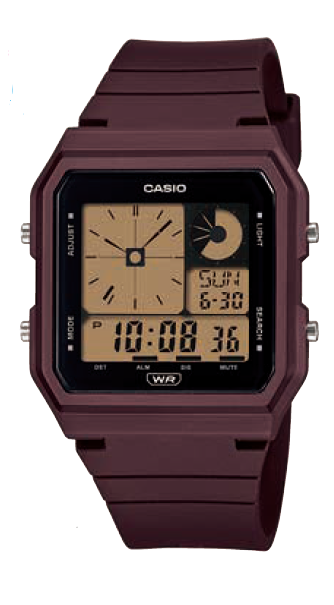 Burgundy-colored Casio digital wristwatch with a square face displaying analog and digital time.