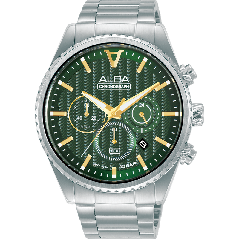 Silver wristwatch with a green dial and gold accents.