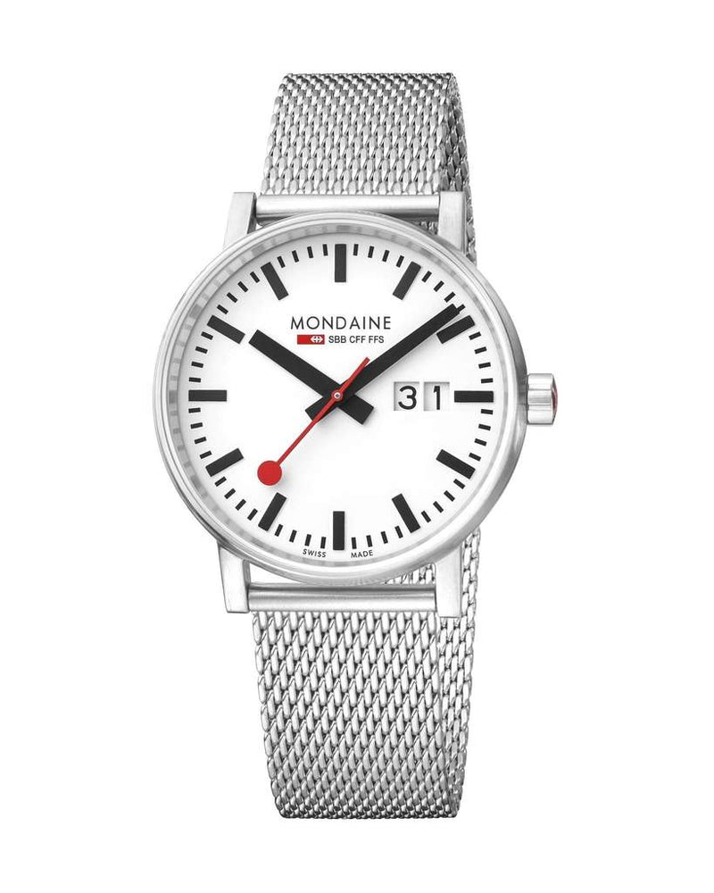 Sleek silver wristwatch with a white face and red second hand.