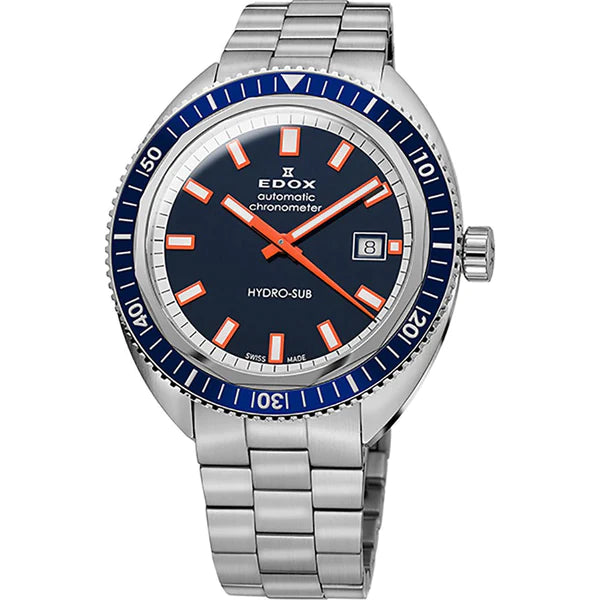 Stainless steel wristwatch with a blue bezel and black dial featuring orange accents.