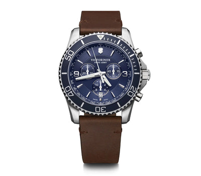 Wristwatch with a blue dial, silver case, and brown leather strap.