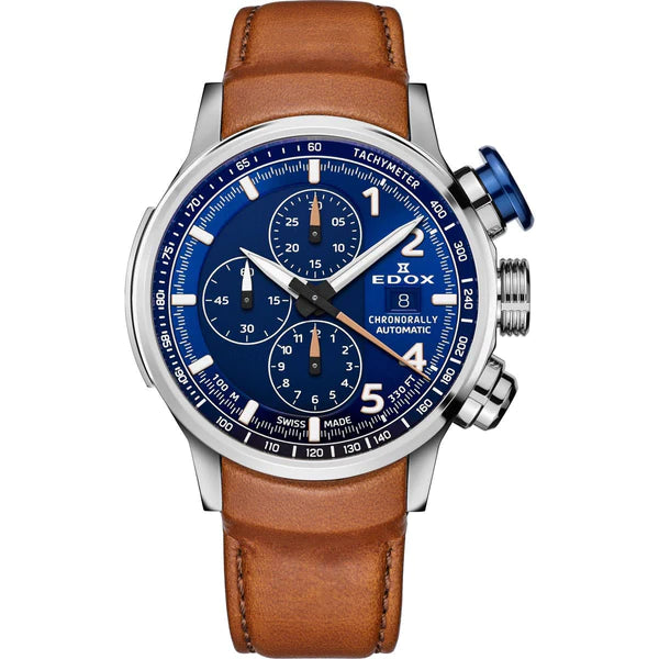 Luxury chronograph wristwatch with a blue dial and brown leather strap.