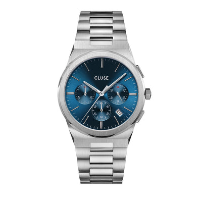 Stainless steel wristwatch with a blue dial and three subdials.