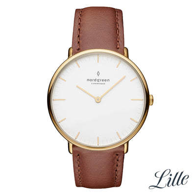 Elegant wristwatch with a gold-tone case, white dial, and brown leather strap.