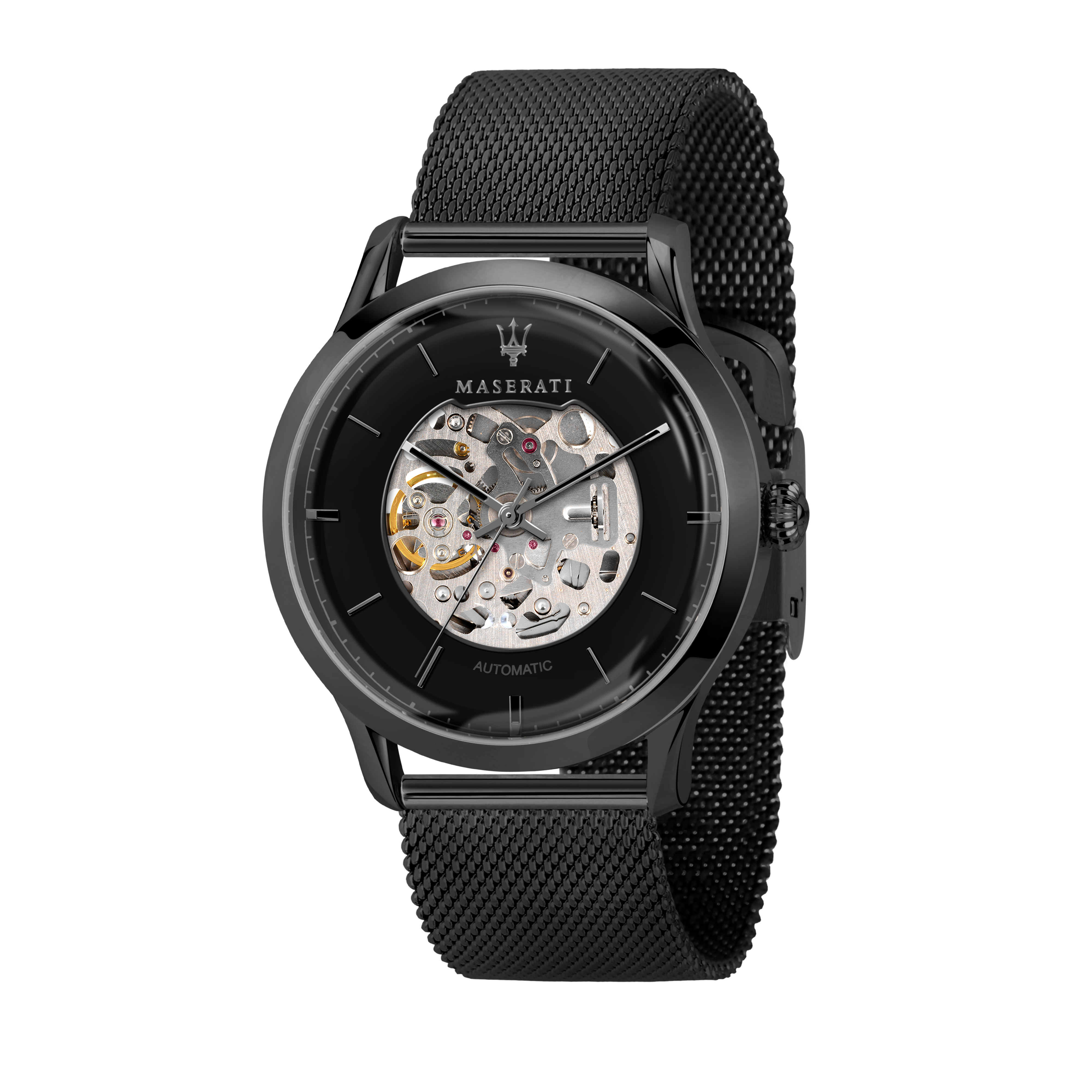 Black luxury wristwatch with a visible skeleton mechanism and mesh metal band.
