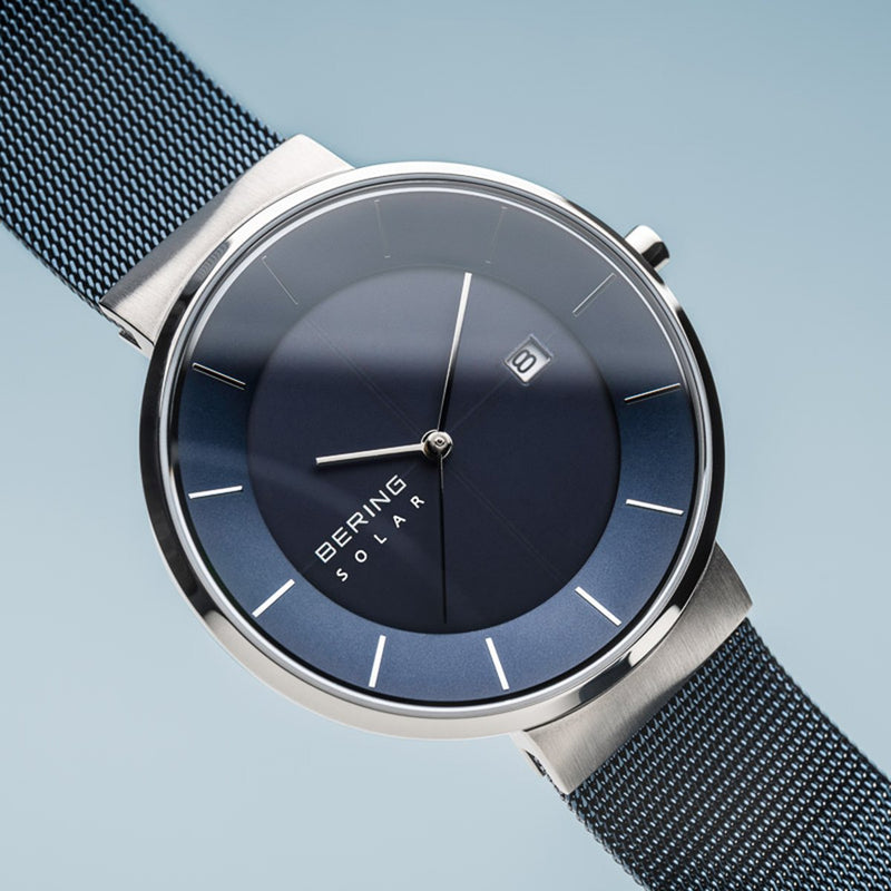 Bering Slim Solar Polished Silver Blue Mesh Watch