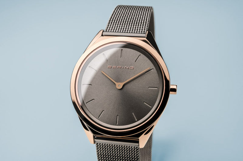 Bering Ultra Slim Polished Rose Gold Grey Mesh Watch