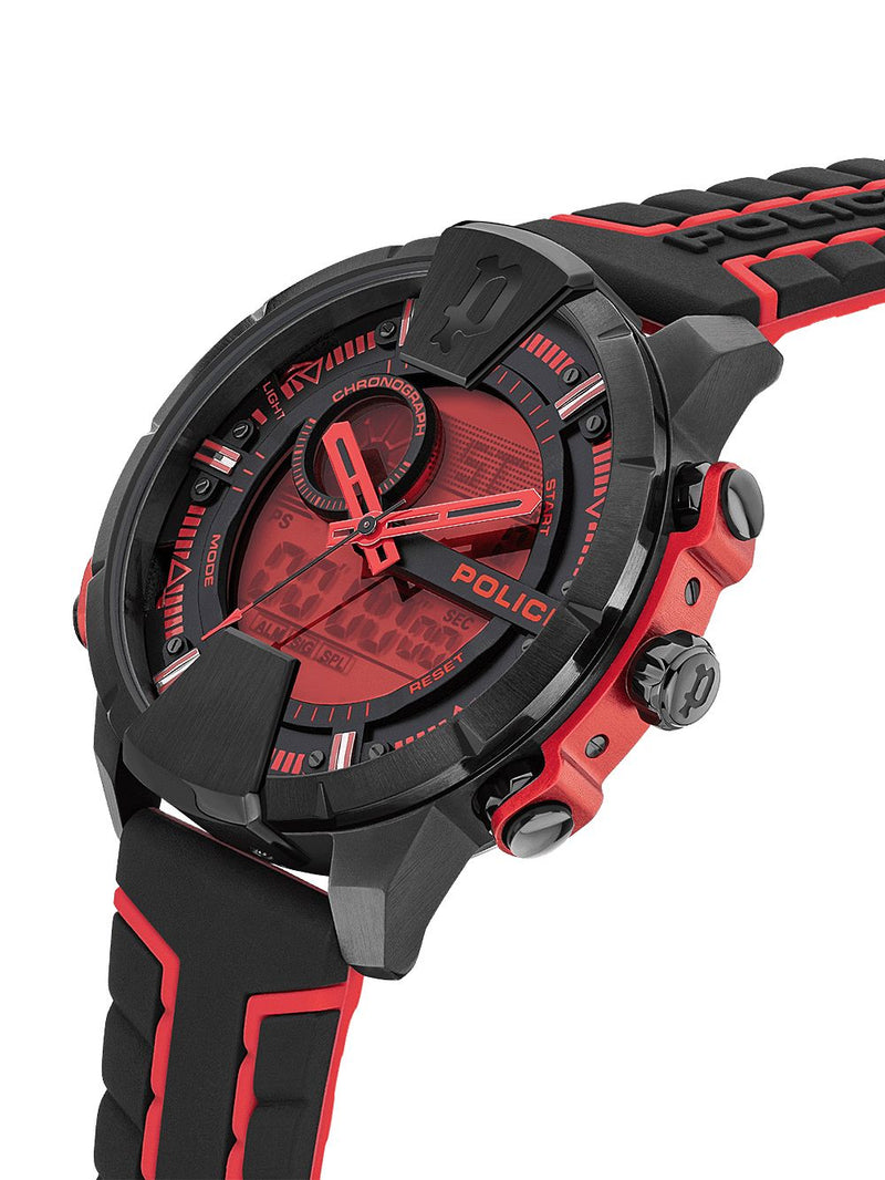 Sporty wristwatch with black and red color scheme featuring a digital-analog hybrid display.