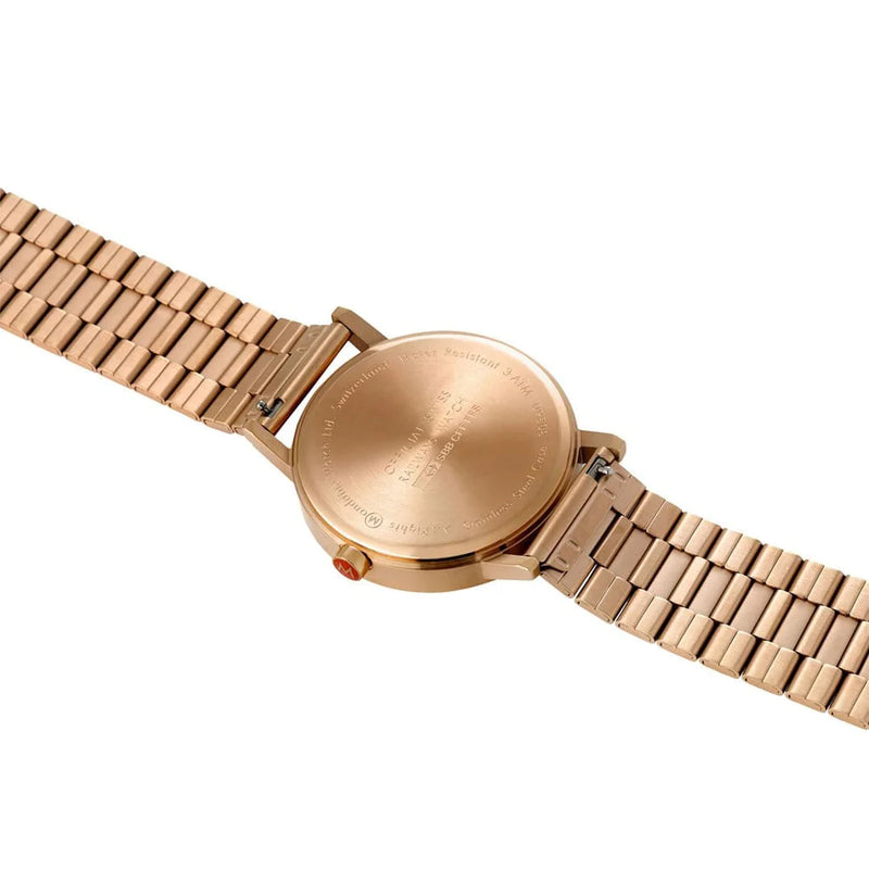 Gold-toned wristwatch with a metal link bracelet.