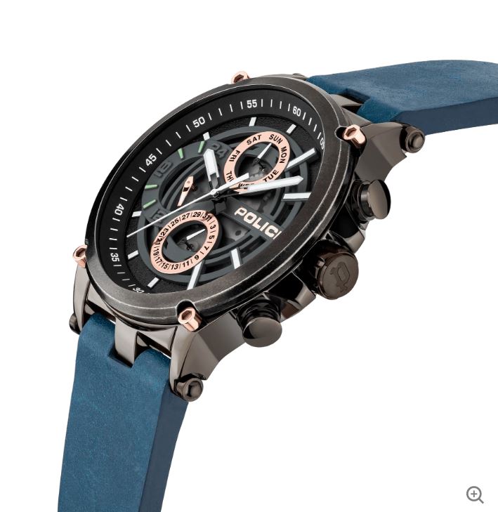 Stylish wristwatch with a blue strap and black chronograph dial.