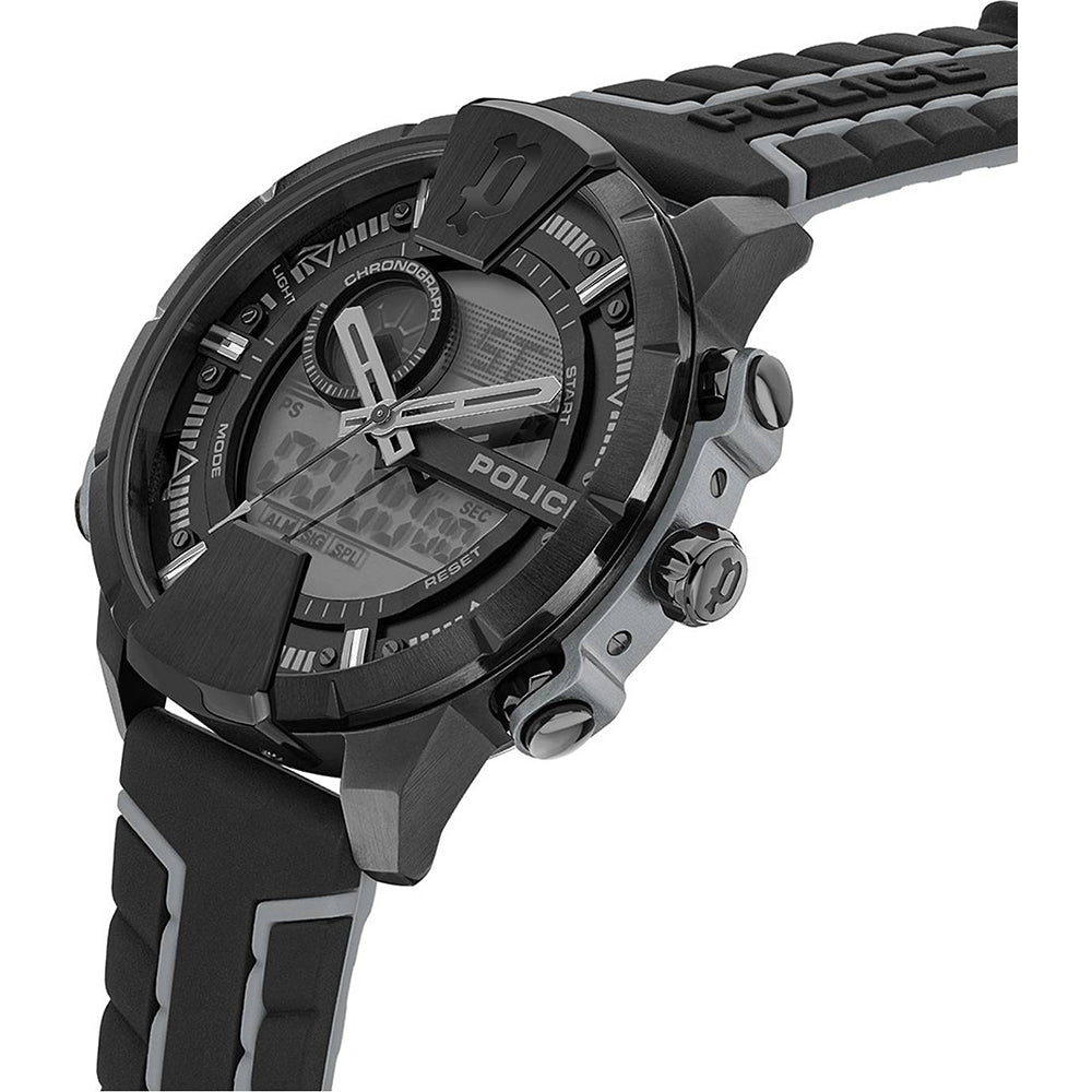 Black sports watch with digital and analog displays, featuring a rugged design and multiple buttons.