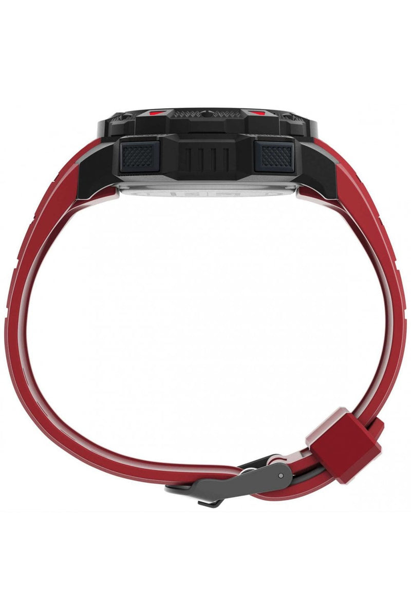 Digital sports watch with a red strap and black face.