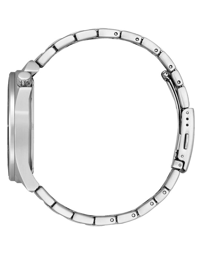 Stainless steel wristwatch with a minimalist round face and metal link bracelet.