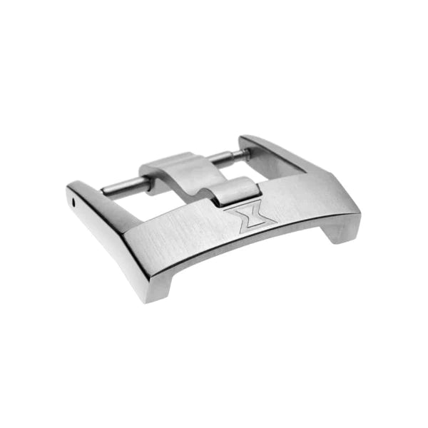 Metal watch clasp or buckle with a stylized logo engraved on its surface.