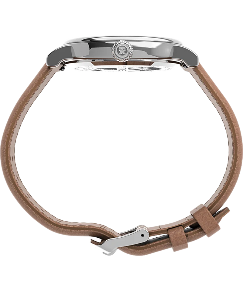 Wristwatch with a silver case and brown leather strap.