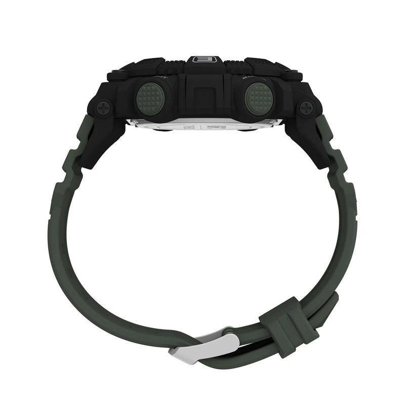 Rugged digital wristwatch with a black case and olive green strap.