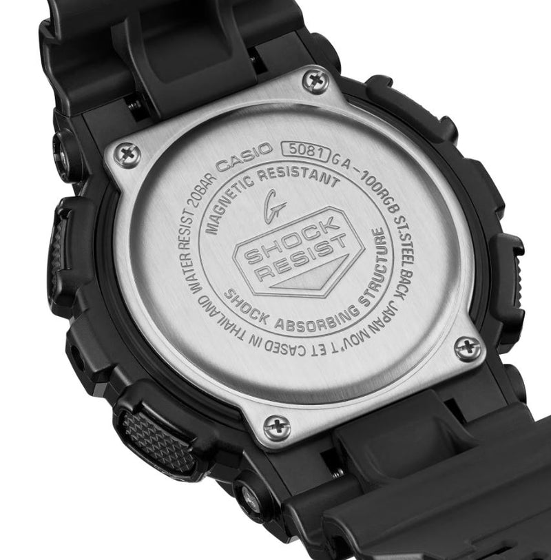 Back of a rugged digital wristwatch with ’Shock Resist’ engraved on the case.