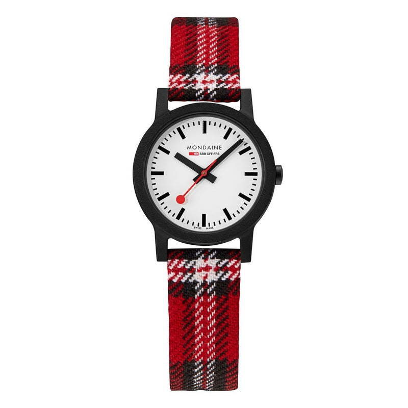 Wristwatch with a red plaid fabric strap and black case.