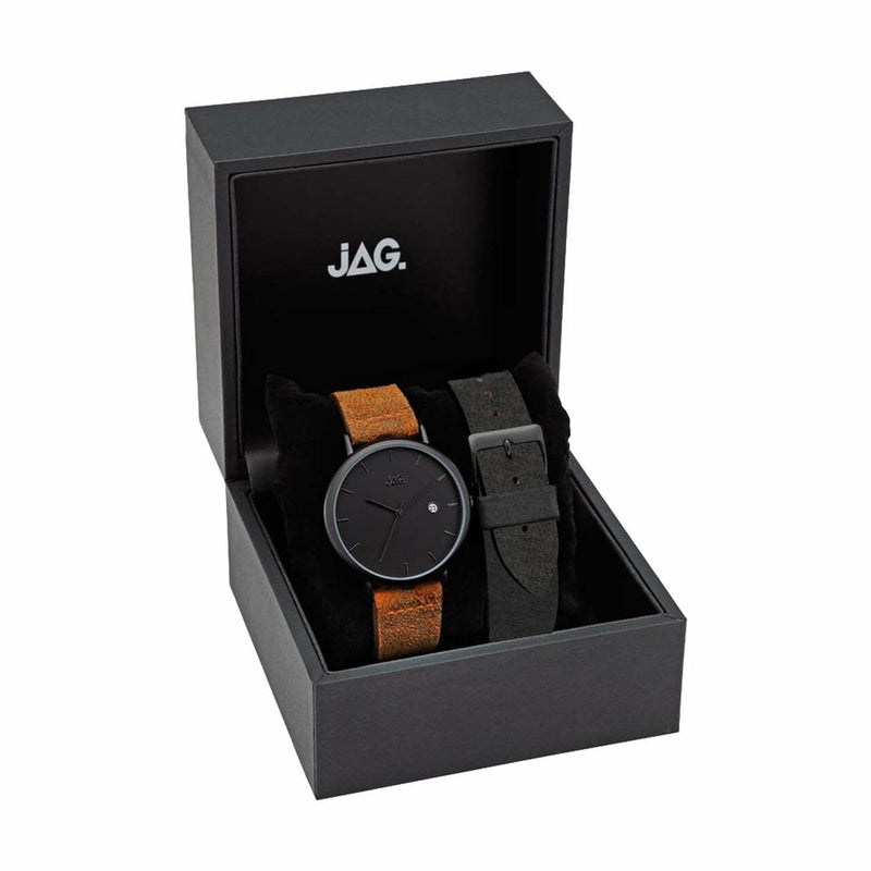 Wristwatch with a black face and brown leather strap in a gift box.