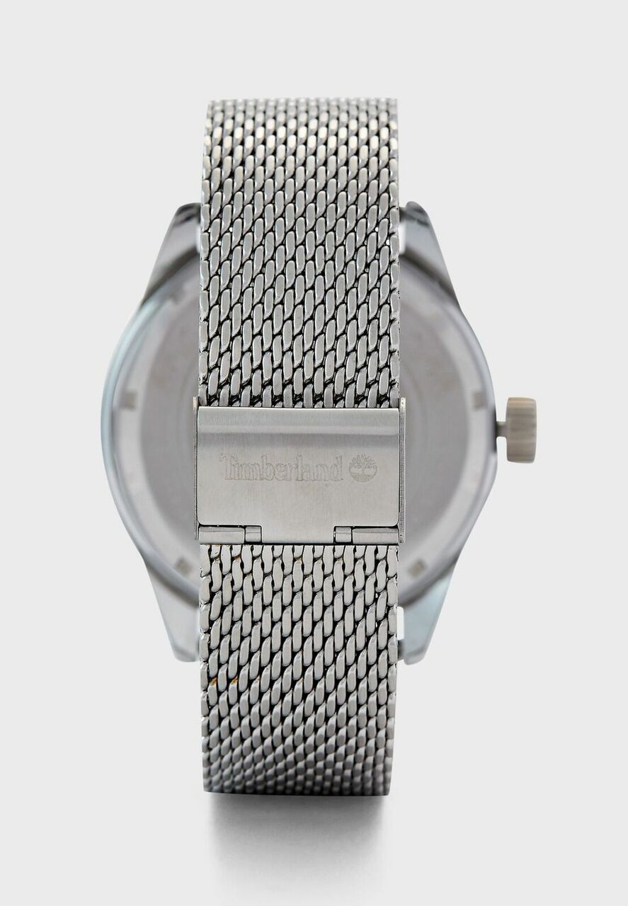 Stainless steel wristwatch with a mesh band and round face.