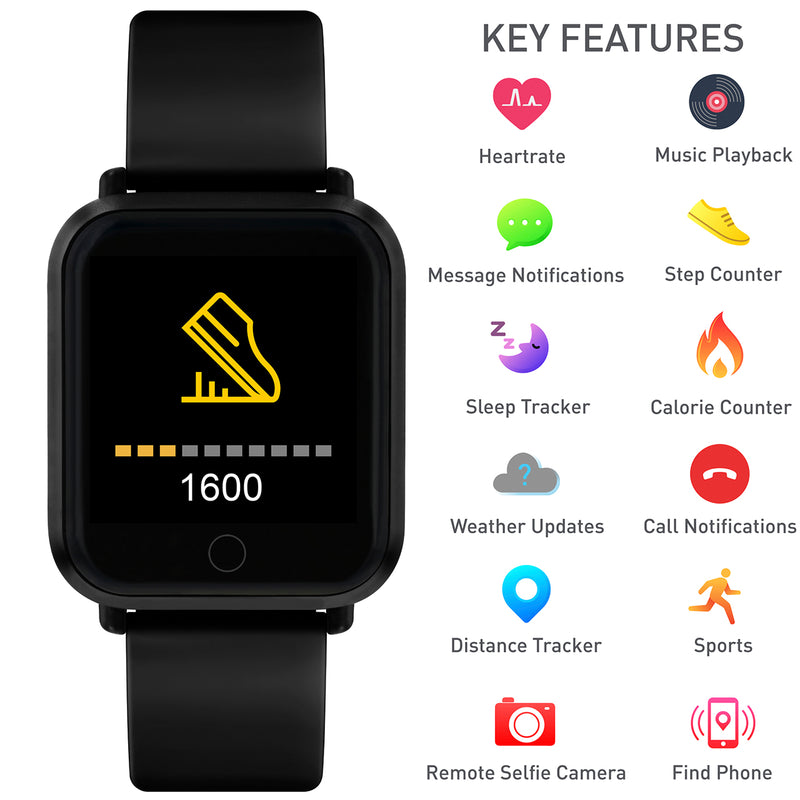 Smartwatch with a black band and square display showing a step count icon.