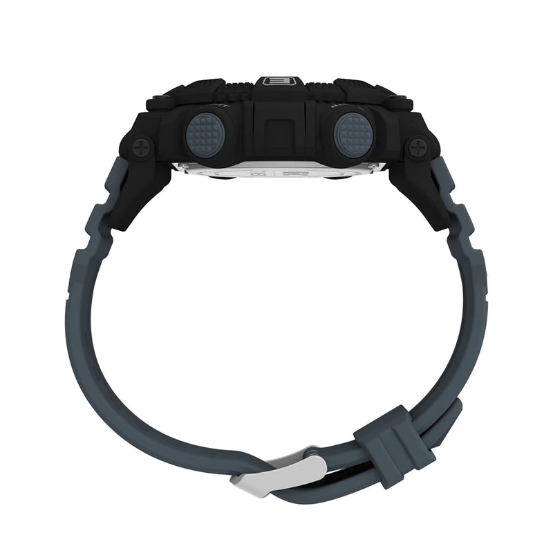 Black digital sports watch with a gray rubber strap.