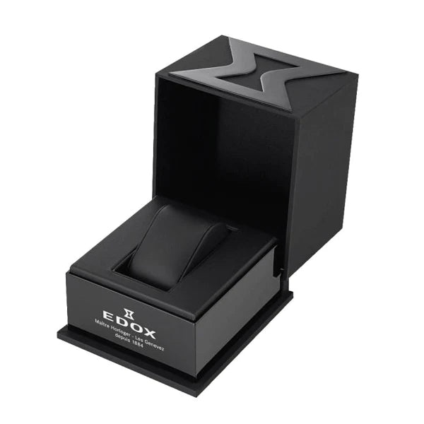 Black luxury watch box with an open lid displaying a cushioned interior.