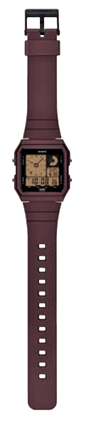 Burgundy digital wristwatch with a square face and gold-toned display.