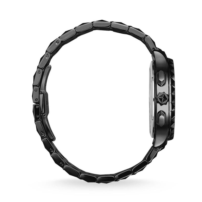 Black metal wristwatch with a circular face and linked bracelet band.