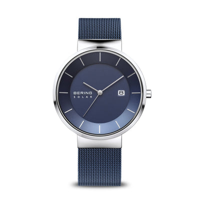 Bering Slim Solar Polished Silver Blue Mesh Watch