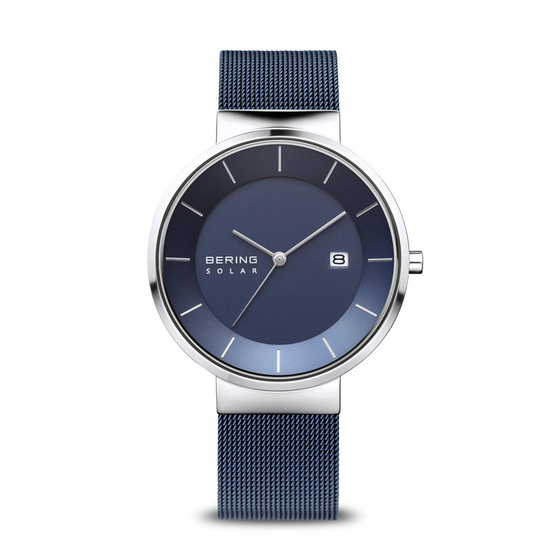 Bering Slim Solar Polished Silver Blue Mesh Watch