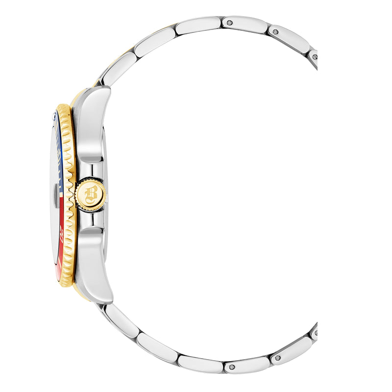 Wristwatch with a silver metal band and colorful dial featuring red, blue, and gold elements.