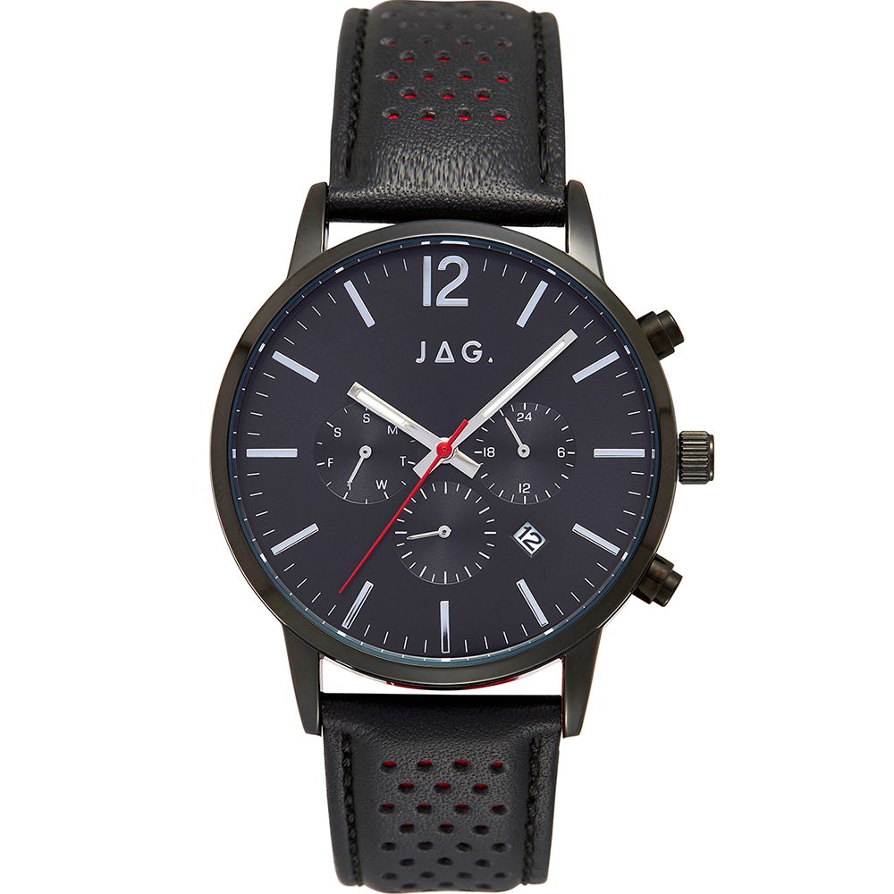 Black wristwatch with a chronograph dial and perforated leather strap.