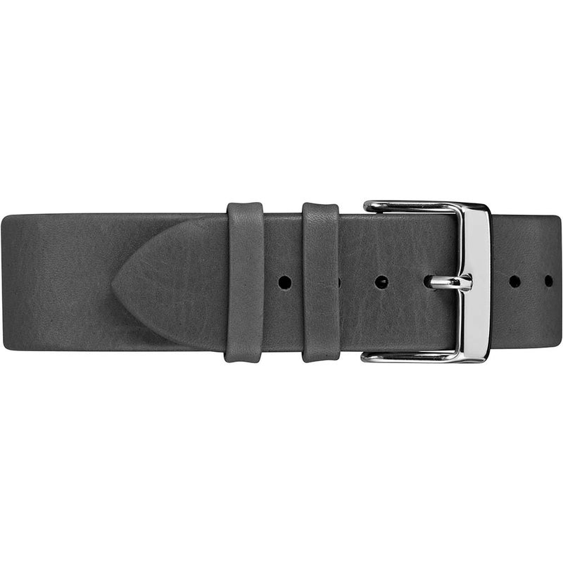 Gray leather watch strap with a silver buckle.