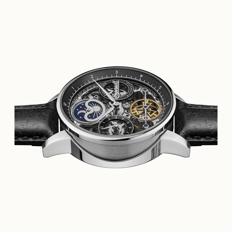 Luxury mechanical wristwatch with a skeleton dial displaying intricate gears and mechanisms.