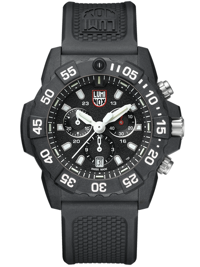 Black sports chronograph wristwatch with a rubber strap and luminous markings.