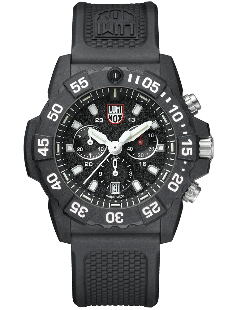 Black sports chronograph wristwatch with a rubber strap and luminous markings.